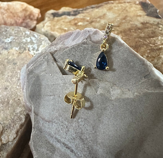Sapphire Blue Zirconia Mix stones Drop Earring Gold Plated Silver