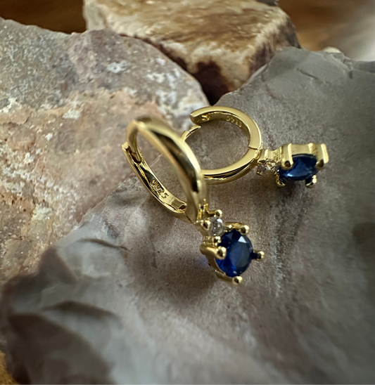 Round Sapphire Zirconia Drop Earring Gold Plated Silver