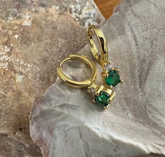 Round Emerald Zirconia Drop Earring Gold Plated Silver