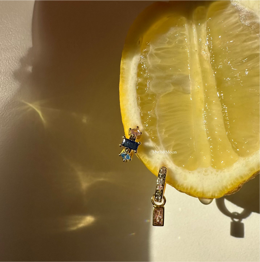 Sapphire Blue and Pink Topaz Zirconia Huggie 10mm Gold Plated Silver