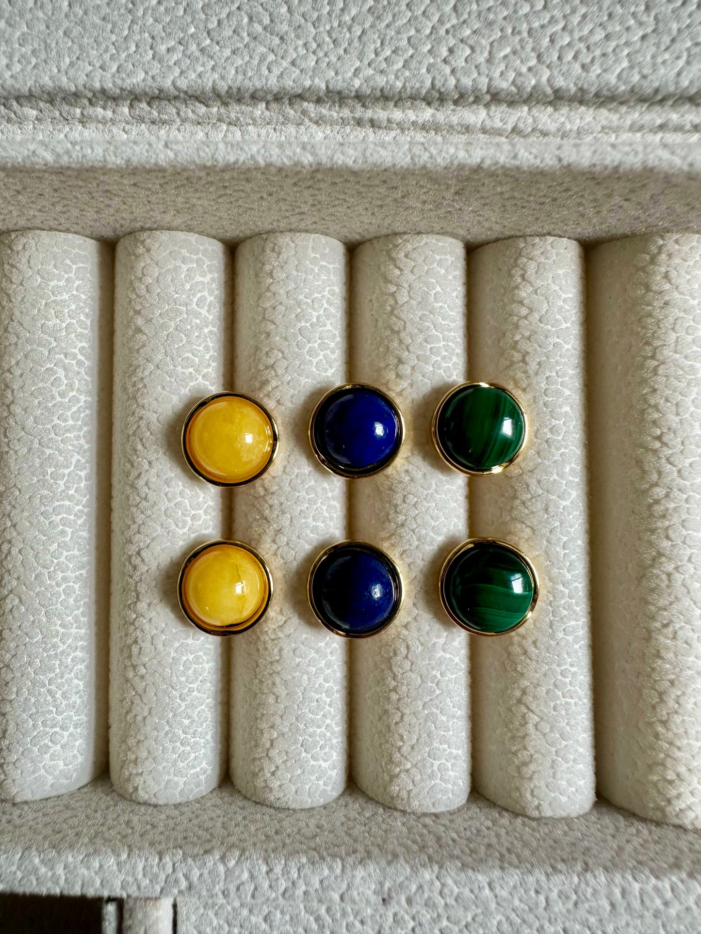 Mystic Trio Stud Earrings SET — Honey, Lapis & Malachite- Inspired in Gold-Plated Silver