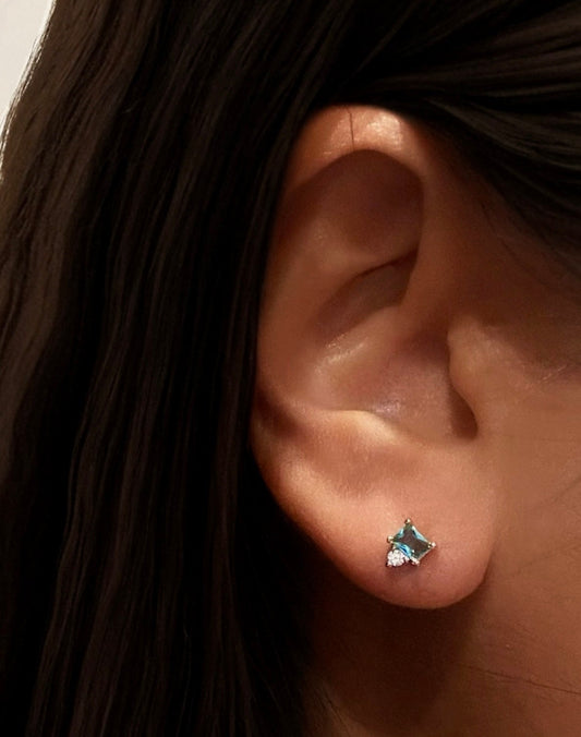 Blue Topaz Zirconia Stud Earring Gold Plated Silver