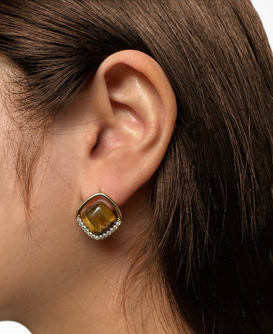 Tiger’s Eye-Inspired & Zirconia Square Earrings Gold-Plated Silver