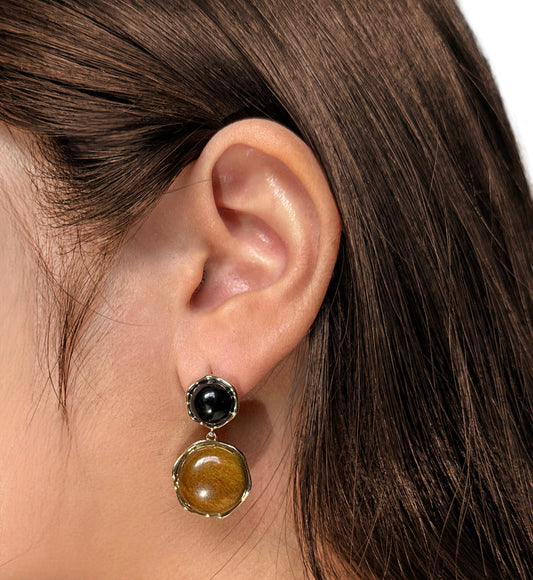 Tiger’s Eye-Inspired and Onyx Drop Earrings Gold-Plated Silver