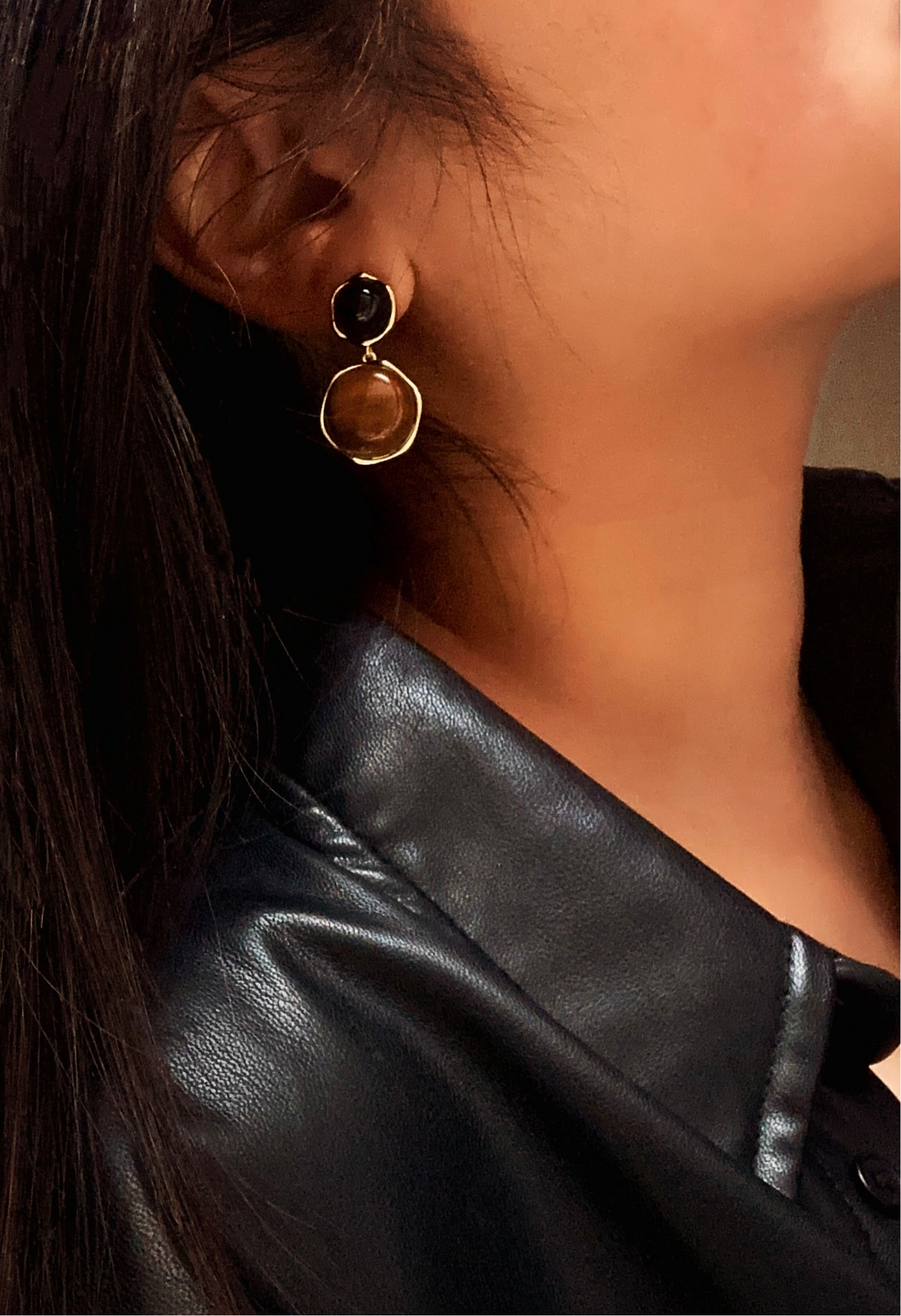 Tiger’s Eye-Inspired and Onyx Drop Earrings Gold-Plated Silver