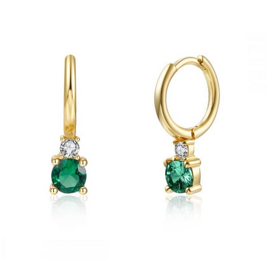 Round Emerald Zirconia Drop Earring Gold Plated Silver