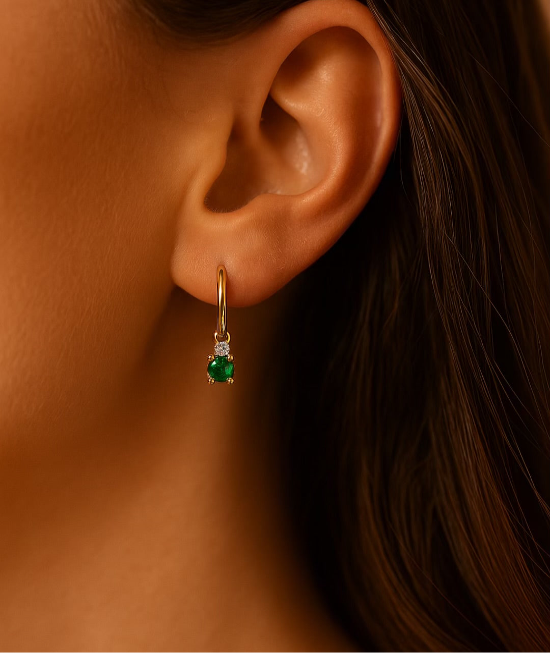 Round Emerald Zirconia Drop Earring Gold Plated Silver