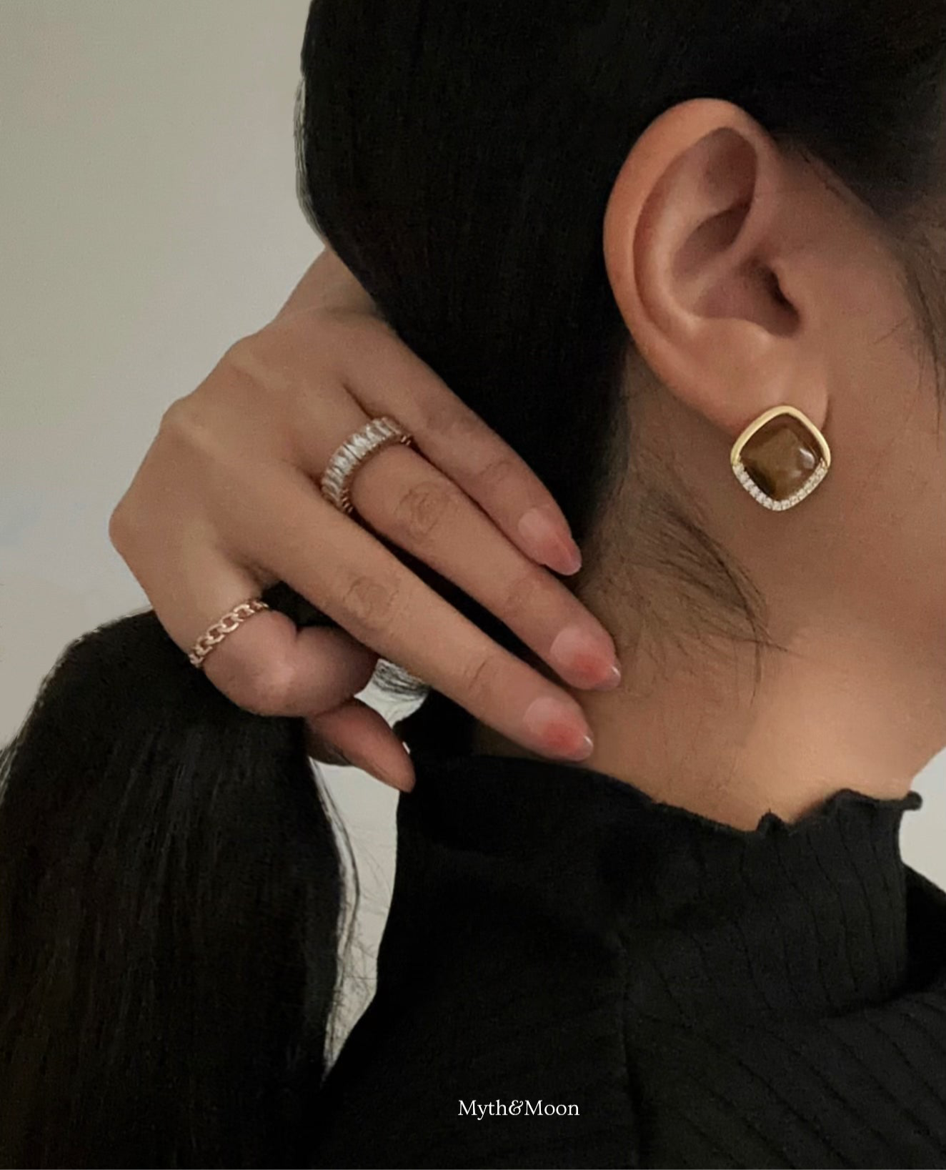 Tiger’s Eye-Inspired & Zirconia Square Earrings Gold-Plated Silver