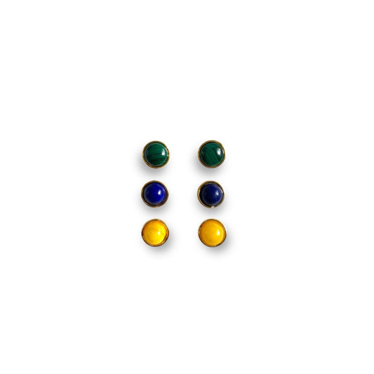 Mystic Trio Stud Earrings SET — Honey, Lapis & Malachite- Inspired in Gold-Plated Silver