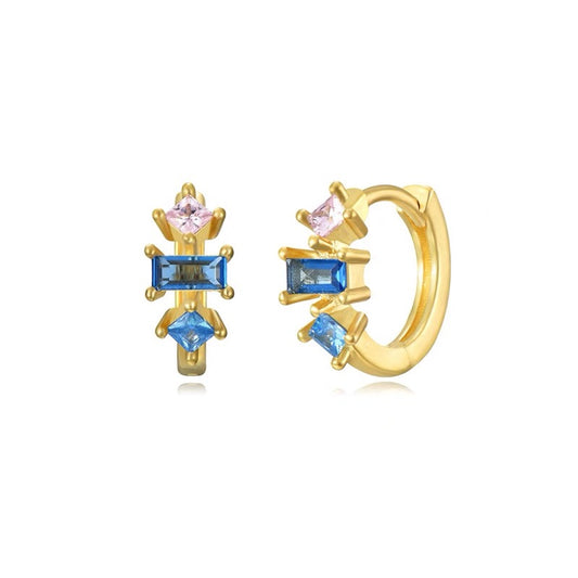 Sapphire Blue and Pink Topaz Zirconia Huggie 10mm Gold Plated Silver