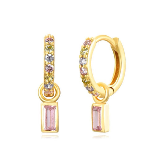 Pink Sapphire Zirconia mix stone Drop Earring Gold Plated Silver