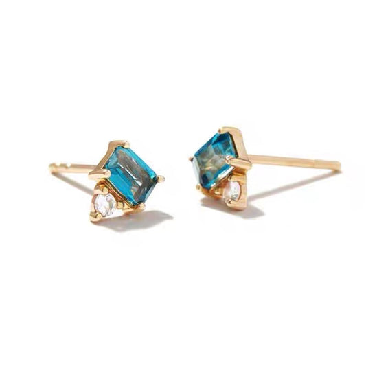 Blue Topaz Zirconia Stud Earring Gold Plated Silver