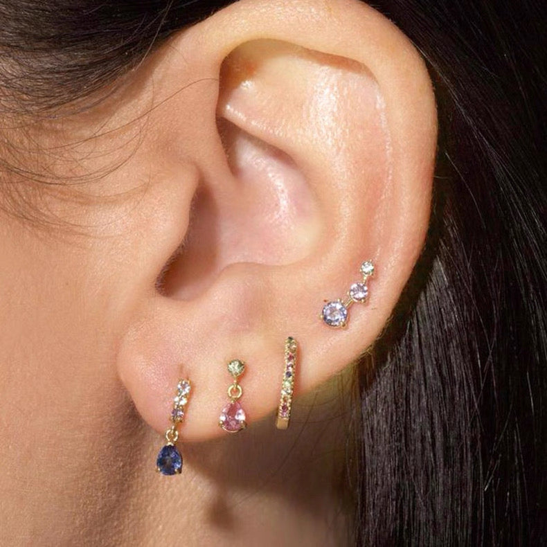 Sapphire Blue Zirconia Mix stones Drop Earring Gold Plated Silver