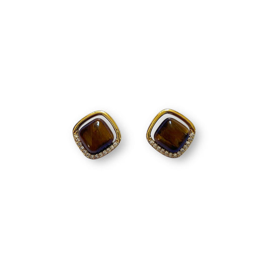Tiger’s Eye-Inspired & Zirconia Square Earrings Gold-Plated Silver