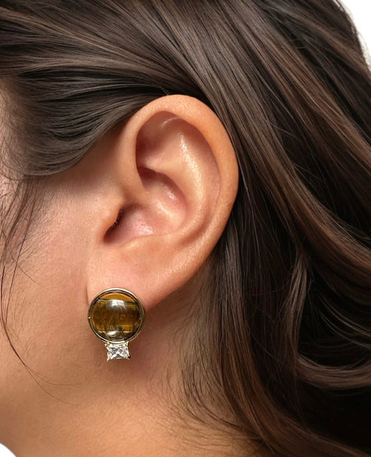 Tiger’s Eye-Inspired & Zirconia Stud Earrings Gold-Plated Silver